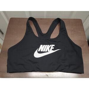 Nike Women Size Large Dri-Fit Swoosh Spellout Athletic Training Black Sports Bra